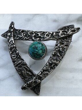 Modernist Triangle Brooch Chrysocolla Sterling Silver Organic Texture